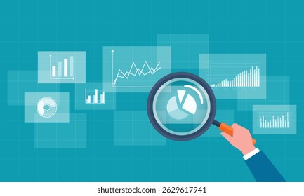 análise de dados de negócios. pesquisa de negócios em gráficos de relatórios. as pessoas seguram uma lente de aumento. conceito de planejamento de investimento financeiro