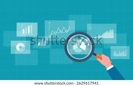 business data analytics. business research on report graphs. people hand hold magnifying glass. finance investment planning concept