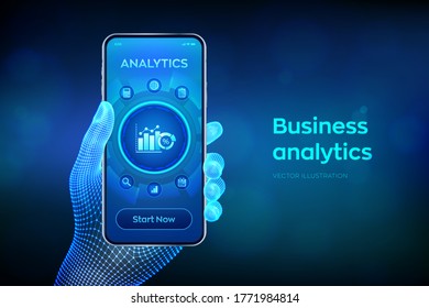 Análisis de datos empresariales y concepto de automatización de procesos robóticos. Beneficio e ingresos de la empresa, BI o concepto de KPI. Cierra el smartphone con las manos de wireframe. Ilustración vectorial.