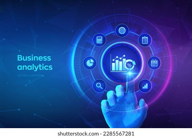 Business data analytics and robotic process automation concept on virtual screen. Profit and revenue of company, BI or KPI concept. Hand touching digital interface. Vector illustration.