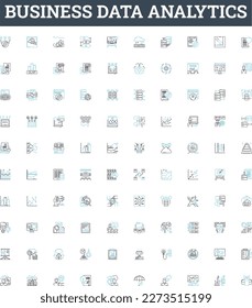 Business Data Analytics Vektorgrafik-Symbole Set. Geschäftswelt, Daten, Analytik, Strategie, Intelligenz, Einblicke, Umrisssymbole und -zeichen für große Illustrationen