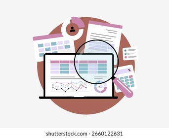 Auditoria de dados de negócios com painel de análise para controle de KPI e revisão de conformidade. Desempenho financeiro, auditoria de dados de negócios melhora a precisão e o controle de risco ilustração isolada de vetor plano