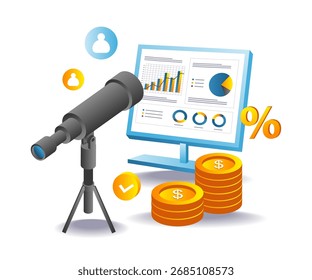 Business data with binoculars symbolizing vision, research, and financial planning