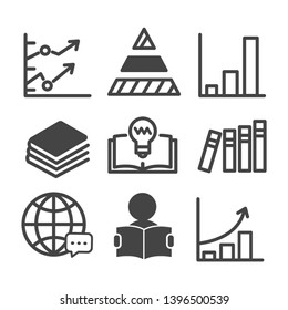 Business data chart, graph and book flat icon. Online education concept isolated on white background