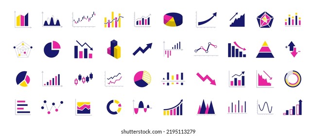 Business data charts. Diagrams and graphs. Business data market elements, statistic and data, infographics business, money, down or up, analytic report. Set of financial marketing colorful diagrams