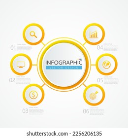 Circular de datos empresariales Plantilla de diseño infográfico con iconos y 6 opciones o pasos. Resumen de elementos del gráfico, diagrama, partes o procesos. Plantilla vectorial para presentación.