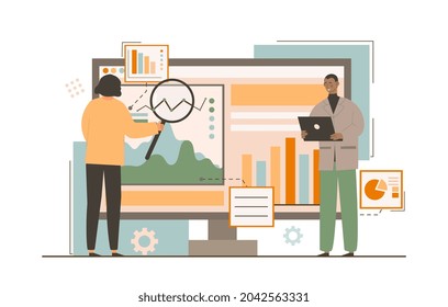Concepto de datos empresariales. Los empleados estudian las estadísticas de las empresas y elaboran una estrategia de desarrollo. Hombre y mujer mirando la pantalla con gráficos. Dibujo vectorial plano de dibujos animados sobre fondo blanco