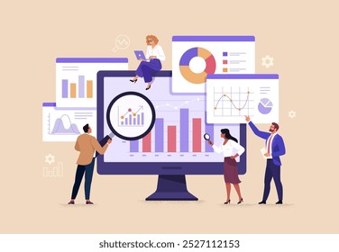 Concepto de datos de negocio. Ilustración vectorial en estilo plano de un Grande monitor con pestañas que muestran gráficos, chats y grupos de personas que los estudian. Aislado en el fondo