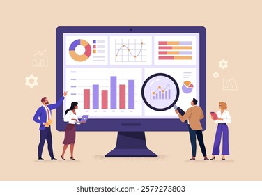 Business Data Concept. Vector illustration in flat style of a large monitor with tabs displaying graphs, chats, and a group of people looking at them. Isolated on background