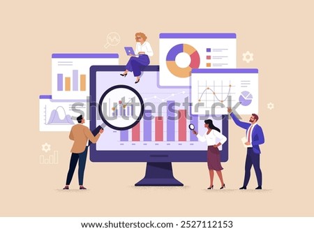 Business Data Concept. Vector illustration in flat style of a large monitor with tabs displaying graphs, chats, and groups of people studying them. Isolated on background