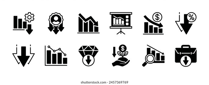 Icon-Set für Geschäftsdatenrückgang. Verringerung der Leistung, Diagramm, Wachstum, Grafik, Statistik, Karriere, Balken, Verlust oder Abwärtspfeil, Rate, Rückgang, Infografik. Vektorillustration