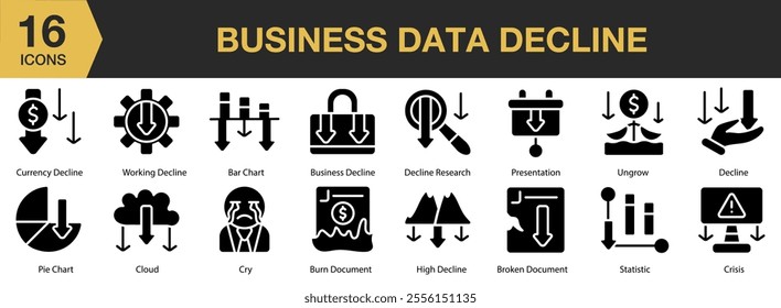 Business Data Decline solid icon set. Includes research, presentation, ungrow, broken document, statistic, and More. Solid icons vector collection.