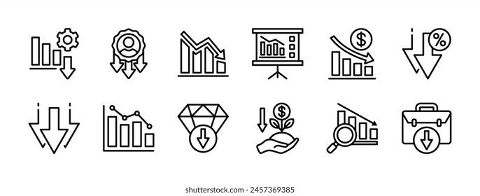 Business data decline thin line icon set. Containing decrease performance, chart, grow, graph, statistic, career, bars, loss or down arrow, rate, declining, infographic. Vector illustration