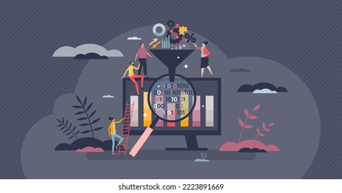 Business data filtering and funnel with information tiny person concept. Company file management with sorting, arrangement and effective optimization vector illustration. Systematic document filter.