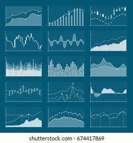 Business data financial charts. Stock analysis graphics. Growing and falling market graphs vector set. Collection of visualization finance chart and diagram information illustration