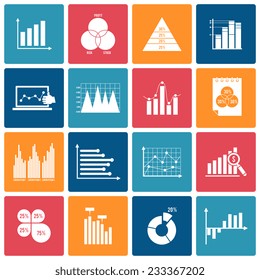 Business data financial report dot bar pie charts diagrams and graphs white icons set isolated vector illustration