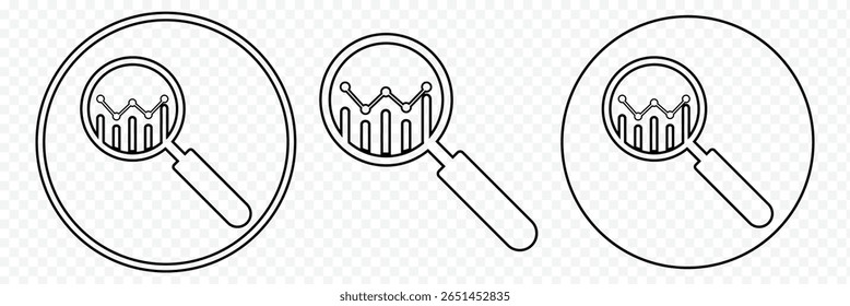 Business data graph bar analysis by magnifying glass icon. Analytics icon with a magnifying glass over a graph representing data analysis and insights highlighting