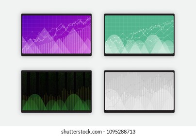 Business data graph charts and diagram on black tablet screen, vector illustration. Trend lines, waves, market economy information set of four screens isolated on white background.