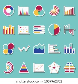 Business data graphs stickers icons. Financial and marketing charts stickers. Market elements dot bar pie charts diagrams and graphs. Business infographic flow sheet diagram. Flat icons set isolated.