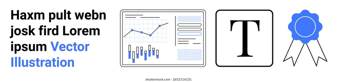 Gráficos de dados corporativos, recursos de edição de texto e um distintivo de conquista em azul. Ideal para análise de dados, criação de relatórios, design de apresentação, realizações corporativas, ferramentas de produtividade,