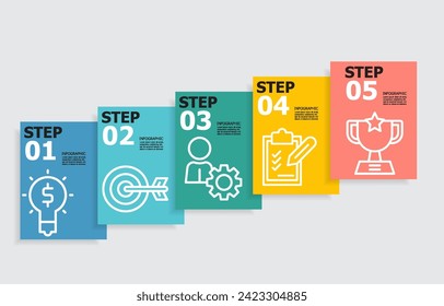 datos de negocios pasos horizontales línea de tiempo elemento infográfico plantilla de diseño de informe con icono de línea de negocio 5 pasos para cualquier presentación de negocio o ilustración vectorial de publicación