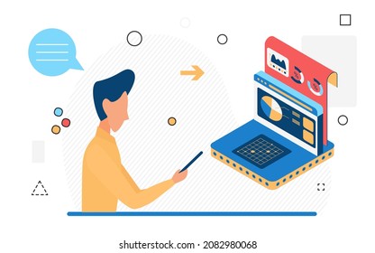 Business data information analysis boosting report. Internal company progress monitoring screen graph