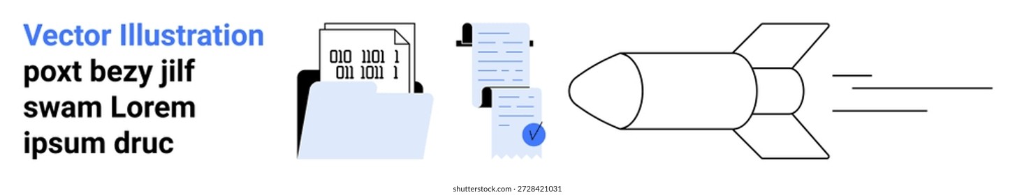Datos comerciales, gestión de la información, progreso tecnológico, organización de documentos, flujo de trabajo, innovación. Una carpeta con archivos y un cohete volador. Gestión de la información y progreso tecnológico