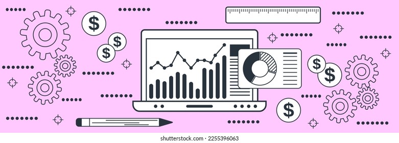 Business data management, financial statistics, analytics, market trends analysis flat contour style vector concept illustration
