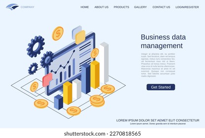 Business data management, financial statistics, market trends analysis flat 3d isometric vector concept illustration