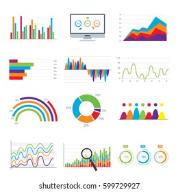Business data market elements bar pie charts diagrams and graphs flat icons in vector illustration.
