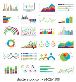 Business data market elements bar pie charts diagrams and graphs flat icons in vector illustration.