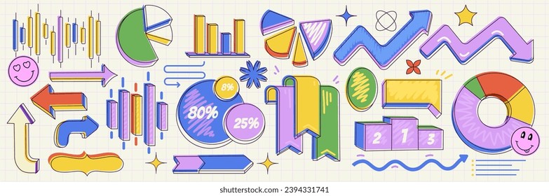 Business data market elements. Charts and graphs. Pie, Line, Candlestick Chart. Planning and visualization of statistics. Isolated Design in modern flat cartoon style for web, social media, print