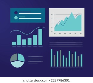 Business data market elements digital bar pie charts diagrams and graphs flat set vector illustration