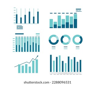 Business data market elements digital bar pie charts diagrams and graphs flat set vector illustration