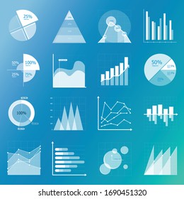 Business data market elements dot bar pie charts diagrams and graphs flat icons set isolated vector illustration.