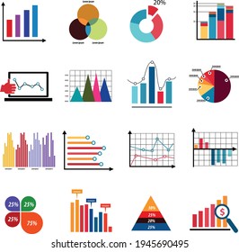 Business data market elements dot bar pie charts diagrams and graphs flat color icons set isolated vector illustration.