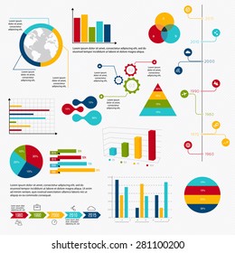 Geschäftsdaten Marktelemente Punktbalken Tortendiagramme Diagramme und Graphen flache Symbole gesetzt. Kann für Infografiken, Grafik- oder Layoutvektoren, nummerierte Banner, Diagramme verwendet werden. Vektorgrafik.