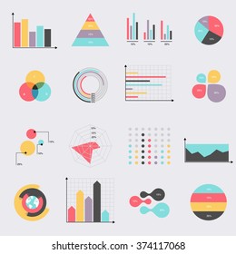 Business data market elements dot bar pie charts diagrams and graphs flat icons set. Can be used for info graphics.