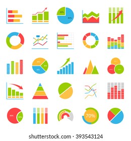 Business data market elements dot bar pie charts diagrams and graphs flat icons set isolated vector illustration.