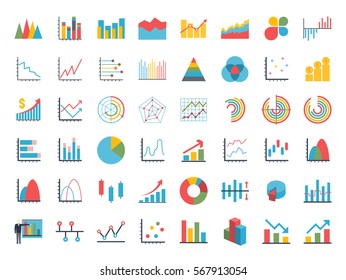 Business data market elements dot pie bar charts diagrams and graphs flat icons set. Statistic and data, information infographic. Isolated on a white background. Vector illustration.