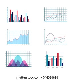 Business data market elements dot pie bar charts diagrams and graphs flat icons set. Statistic and data, information infographic. Isolated on a white background.