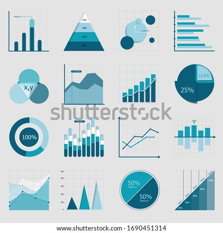 Business data market elements dot bar pie charts diagrams and graphs flat icons set isolated vector illustration.