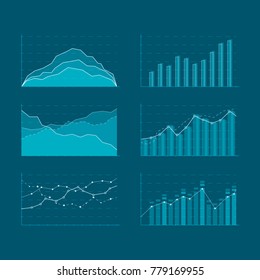 Business data market elements. Template diagrams and graphs flat icons set. Elements for HUD concept. Vector illustration isolated on a blue background