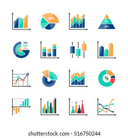 Business data market infographic elements icons set with variety of bar, pie, area charts. Vector illustration.