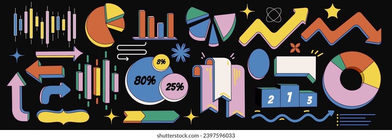 Business data market set elements. Pie, Line, Candlestick Chart. Charts and graphs. Planning and visualization of statistics. Isolated Design in 2d flat cartoon style for web, social media, print