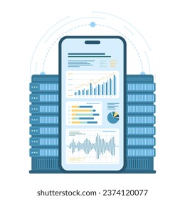 Business data monitoring with mobile app vector illustration. Cartoon isolated smartphone screen with infographic finance graphs and charts report for online analytics, analyzing statistics system