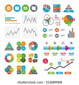 Business data pie charts graphs. Toilet paper icons. Gents and ladies room signs. Paper towel or kitchen roll. Man and woman symbols. Market report presentation. Vector