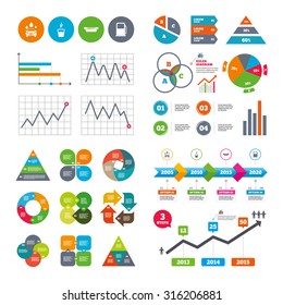 Business data pie charts graphs. Petrol or Gas station services icons. Automated car wash signs. Hotdog sandwich and hot coffee cup symbols. Market report presentation. Vector
