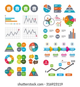 Business data pie charts graphs. Sale gift box tag icons. Discount special offer symbols. 30%, 50%, 70% and 90% percent discount signs. Market report presentation. Vector