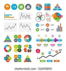 Business data pie charts graphs. Birthday party icons. Cake and gift box signs. Air balloons and fireworks symbol. Market report presentation. Vector